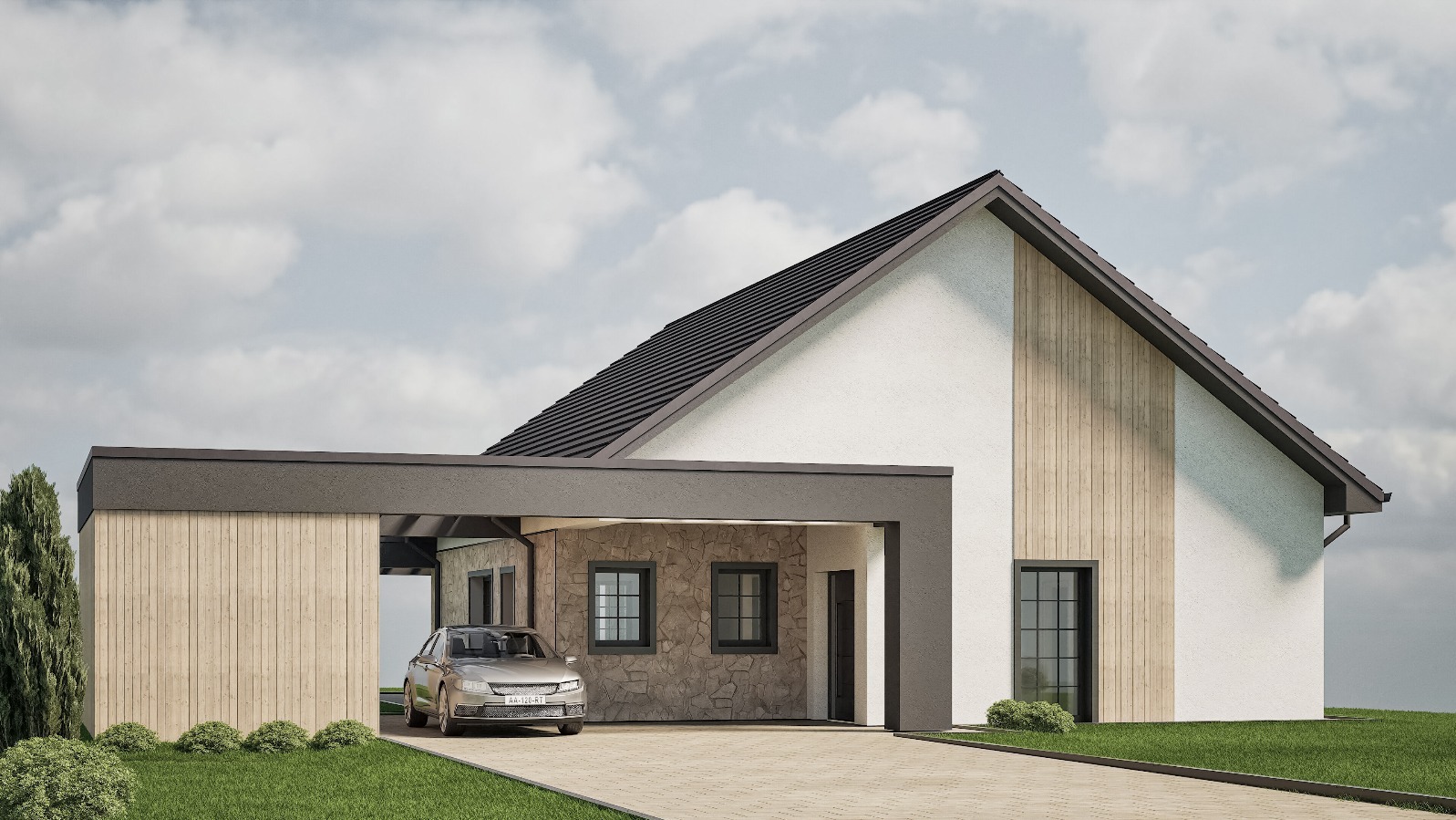 Elegancki, nowoczesny dom jednorodzinny z podjazdem i samochodem. Jasna elewacja, ciemny dach i garaż z kamienną okładziną. Projekt z dbałością o detale.