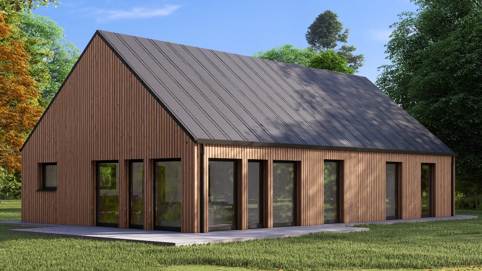 Wizualizacja domu jednorodzinnego z drewnianą elewacją i grafitowym dachem, otoczonego zielenią. Nowoczesny styl architektoniczny, duże przeszklenia, perspektywa z zewnątrz.