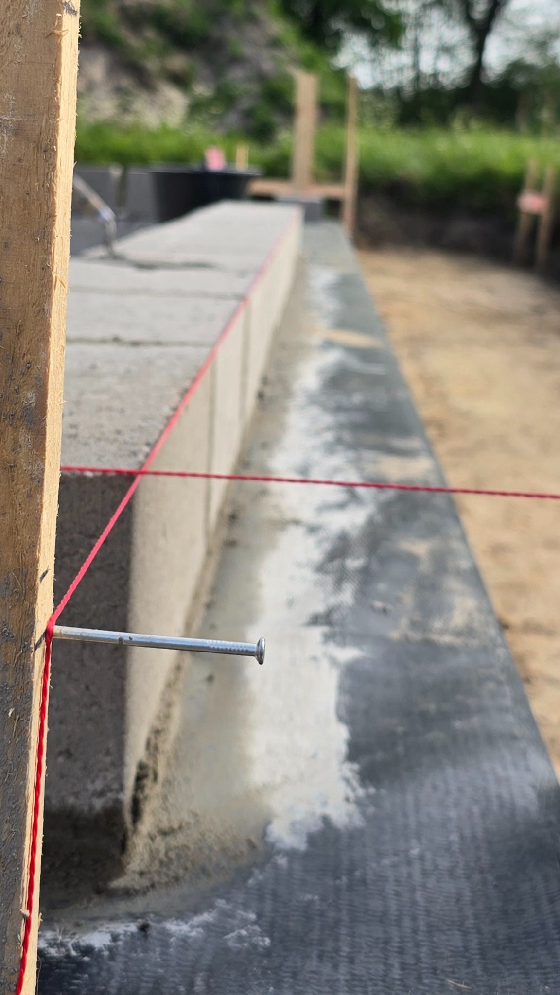 Wąski kadr na fundament domu w trakcie budowy. Czerwona linka naciągnięta na gwoździu wbitym w drewniany słupek, wyznacza linię. Widoczne bloczki fundamentowe i izolacja.