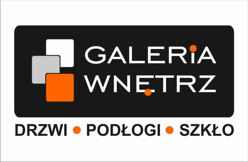 Logo firmy Galeria Wnętrz oferującej drzwi, podłogi i szkło. Grafika z trzema kwadratami: białym, szarym i pomarańczowym na czarnym tle.