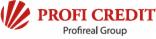 Logo firmy Profi Credit z czerwonym symbolem i napisem, Profrreal Group poniżej. Minimalistyczny design, białe tło, czytelny przekaz marki.