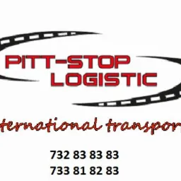 Logo firmy transportowej Pitt-Stop Logistic z grafiką drogi i napisem International transport oraz numerami telefonów w kolorze czerwonym.