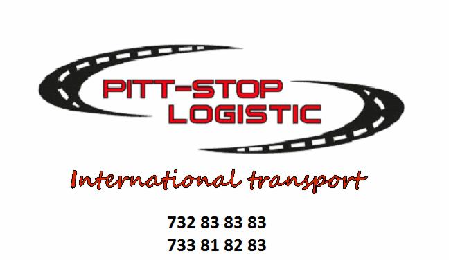 Logo firmy transportowej Pitt-Stop Logistic z grafiką drogi i napisem International transport oraz numerami telefonów w kolorze czerwonym.