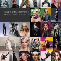 Kolaż zdjęć z sesji modowych i beauty, prezentujący portfolio fotografa, zróżnicowane stylizacje i ujęcia, w tym portrety i pełne sylwetki, okładki magazynów, oraz dane kontaktowe fotografa.