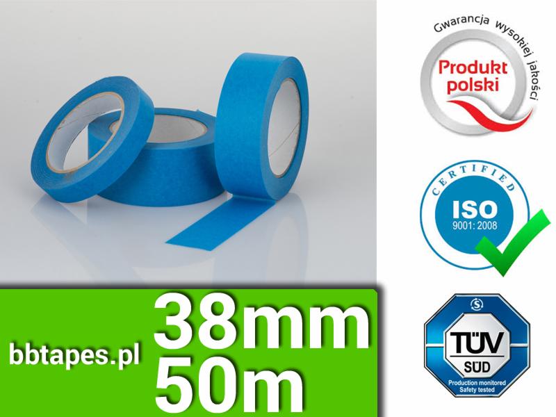 Trzy rolki niebieskiej taśmy malarskiej z certyfikatami jakości i logo producenta BB Tapes, widoczne oznaczenia 38mm i 50m.
