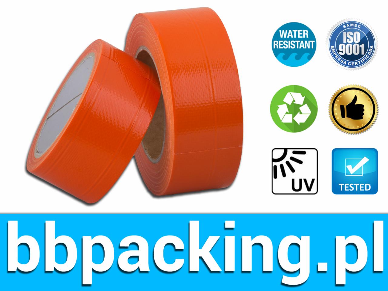 Dwie rolki pomarańczowej taśmy tynkarskiej, jedna ustawiona pod kątem, prezentacja właściwości: wodoodporność, recykling, odporność na UV, testowana, logo firmy na dole zdjęcia.