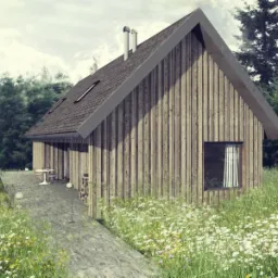 Wizualizacja domu z drewnianą elewacją w otoczeniu łąki z kwitnącymi stokrotkami, widoczne dwa kominy i okna dachowe.