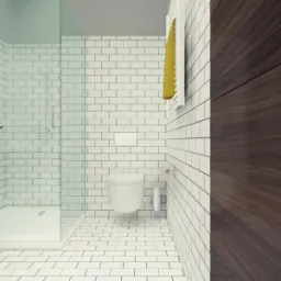 Nowoczesna łazienka z białymi, prostokątnymi płytkami, kabiną prysznicową ze szkła, podwieszaną toaletą, szafką z ciemnego drewna i żółtym ręcznikiem.