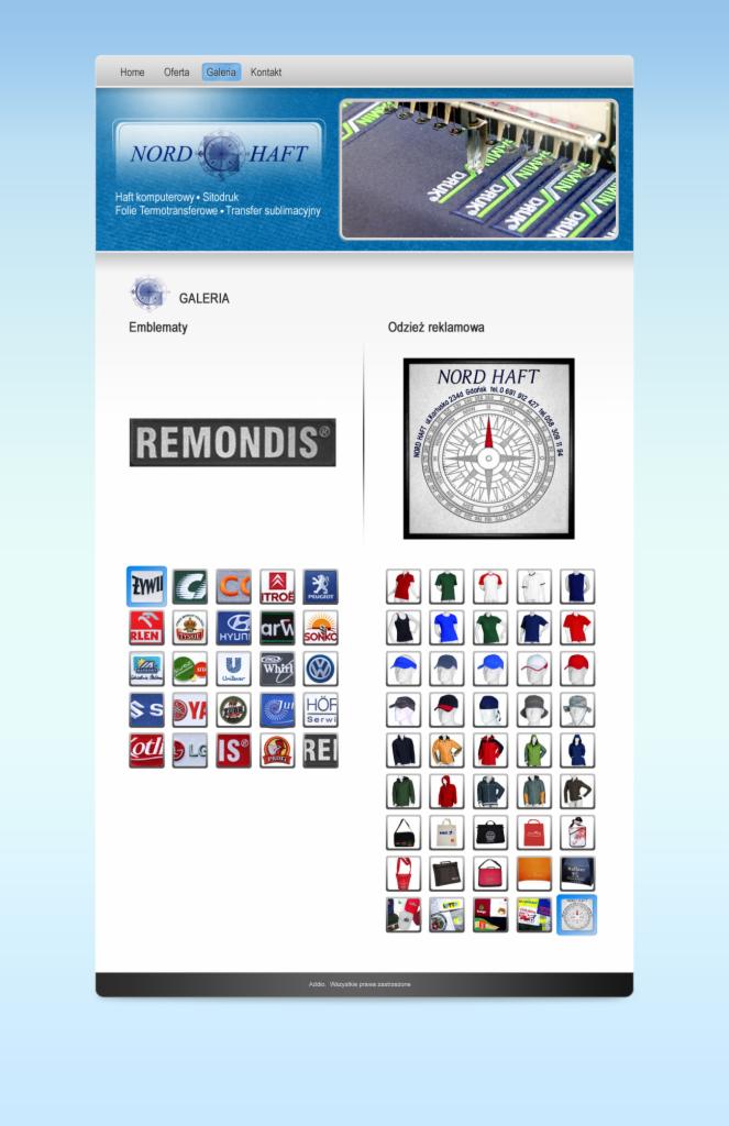 Strona internetowa firmy z Gdańska o nazwie Nord Haft, oferującej haft komputerowy, sitodruk, folie termotransferowe i transfer sublimacyjny. Widoczne sekcje 'Emblematy' i 'Odzież reklamowa'...