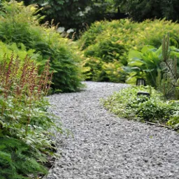 Kamykowa ścieżka wijąca się przez bujny ogród z paprociami, astilbe i różnorodnymi krzewami, oświetlona niską lampą ogrodową.