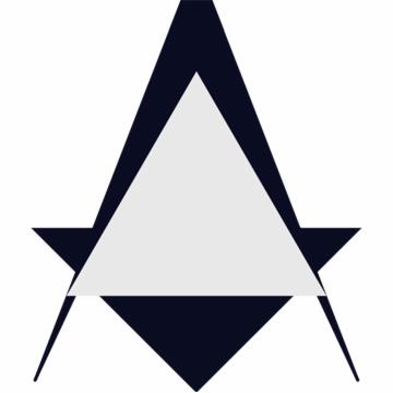 Geometryczny logotyp w kolorze granatowym i białym. Składa się z trójkąta, rombu i dwóch symetrycznych, poziomych elementów w kształcie strzałek.