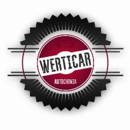 Grafika z logo firmy WERTICAR Autochemia na białym tle, z symbolem auta w bordowym okręgu i czarnym, zębatym obramowaniem.