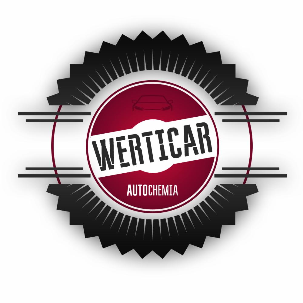 Grafika z logo firmy WERTICAR Autochemia na białym tle, z symbolem auta w bordowym okręgu i czarnym, zębatym obramowaniem.