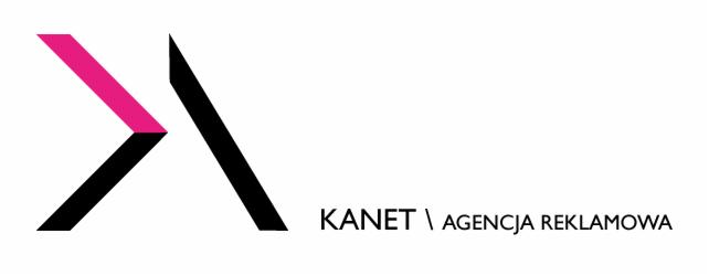 Logo agencji reklamowej Kanet z geometrycznym symbolem w kolorach różu i czerni na białym tle. Minimalistyczny design.