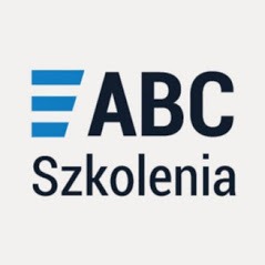 Logo firmy ABC Szkolenia z trzema poziomymi, niebieskimi paskami po lewej stronie i nazwą firmy w kolorze czarnym na kremowym tle.