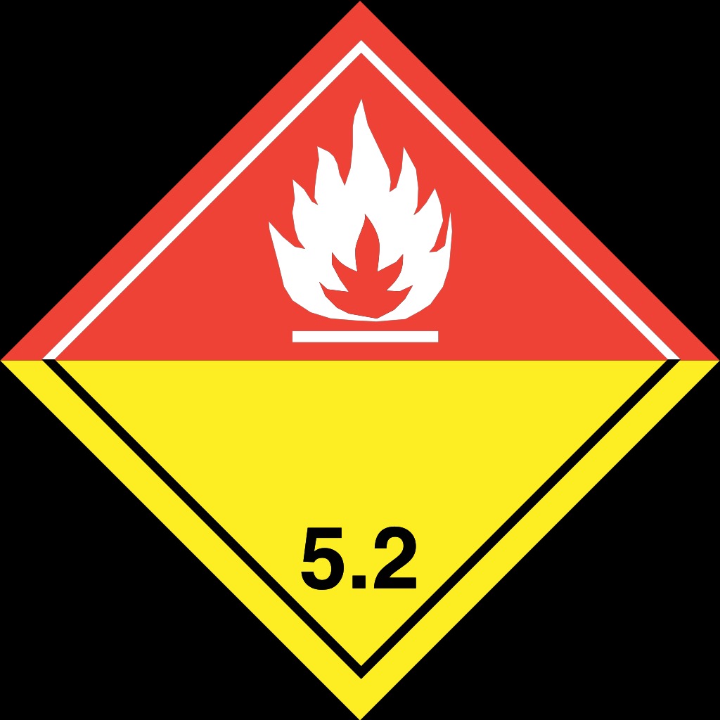 Znak ostrzegawczy w kształcie rombu, podzielony na czerwoną górną część z symbolem płomieni i żółtą dolną część z numerem 5.2, otoczony czarnym tłem.