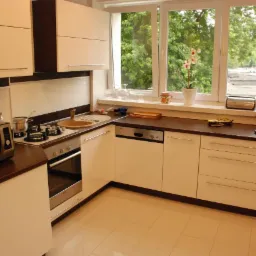 Jasna kuchnia na wymiar z ciemnym blatem i sprzętami AGD. Widok na okno z kwiatem, ekspres do kawy i toster. Ujęcie z perspektywy narożnika.