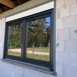 Zamontowane, grafitowe okno z roletą zewnętrzną w surowym murze z białych bloczków; widoczna instalacja rolety, odbicie drzew w szybie.