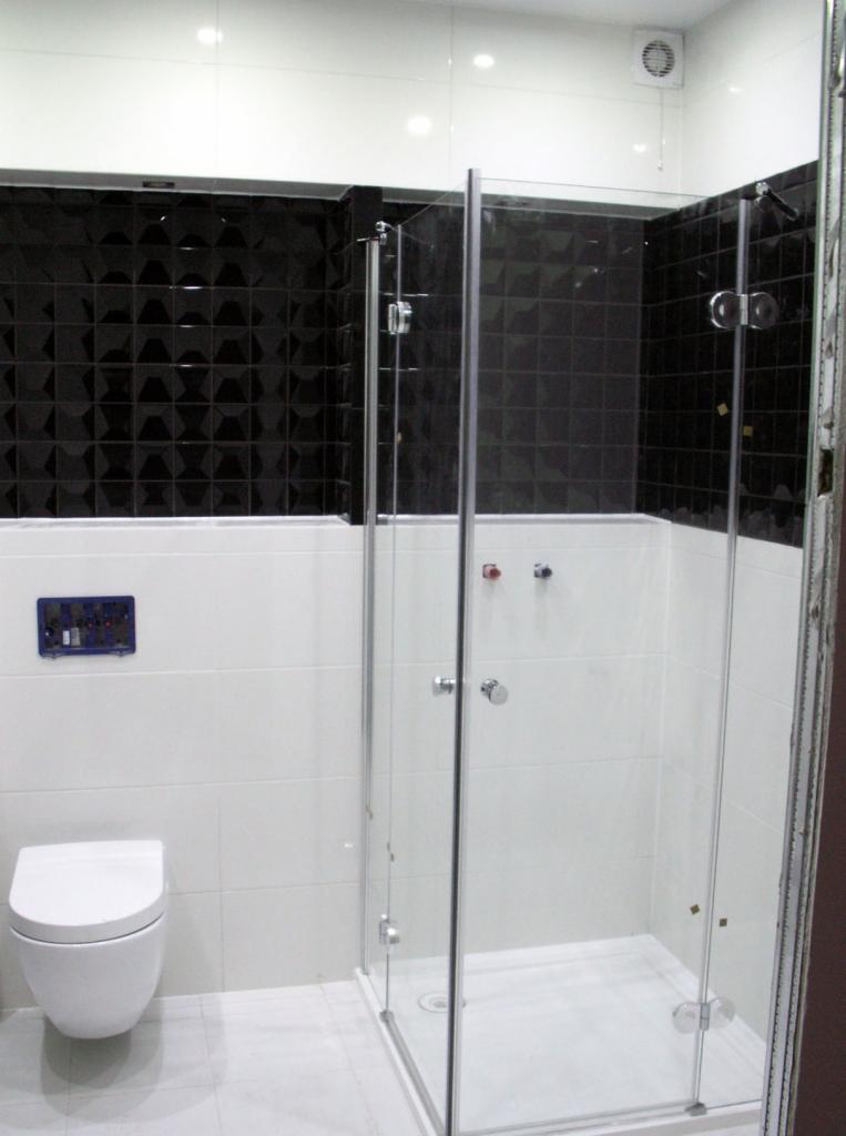 Nowoczesna łazienka z kabiną prysznicową ze szklanymi drzwiami, biało-czarne płytki, wisząca toaleta. Widoczny panel sterujący spłuczką.