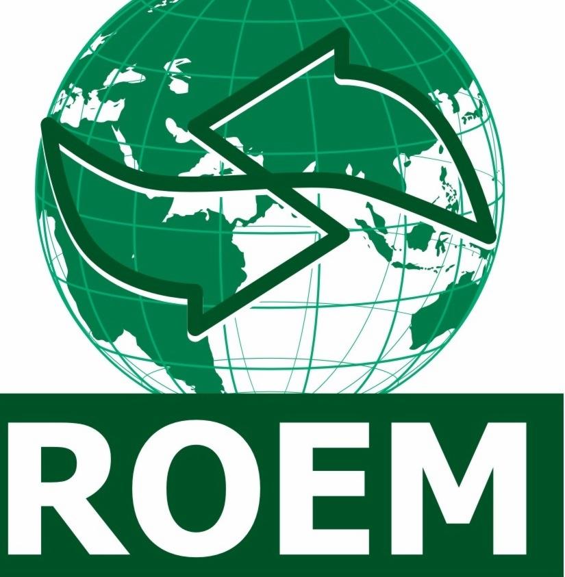 Grafika z zielonym globem, strzałkami i napisem ROEM. Logo firmy z branży ekologicznej, prawdopodobnie produkującej środki czystości.