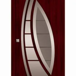 Ciemnoczerwone drzwi wejściowe z dekoracyjnym, srebrnym motywem liścia i przeszkleniami, widoczne z bliska, wertykalne ujęcie.