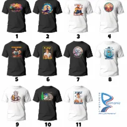 Kolekcja koszulek z różnymi nadrukami, w tym leniwiec, czarownica, grillowicz, hasła o piwie i inne grafiki.