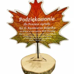Pamiątkowa statuetka z podziękowaniem w kształcie liścia klonu, z akrylu, umieszczona na drewnianej podstawie z korą, z dedykacją dla Prezesa ogrodu działkowego Kazimierza Wójcika, Mielec, 25.04.2024.