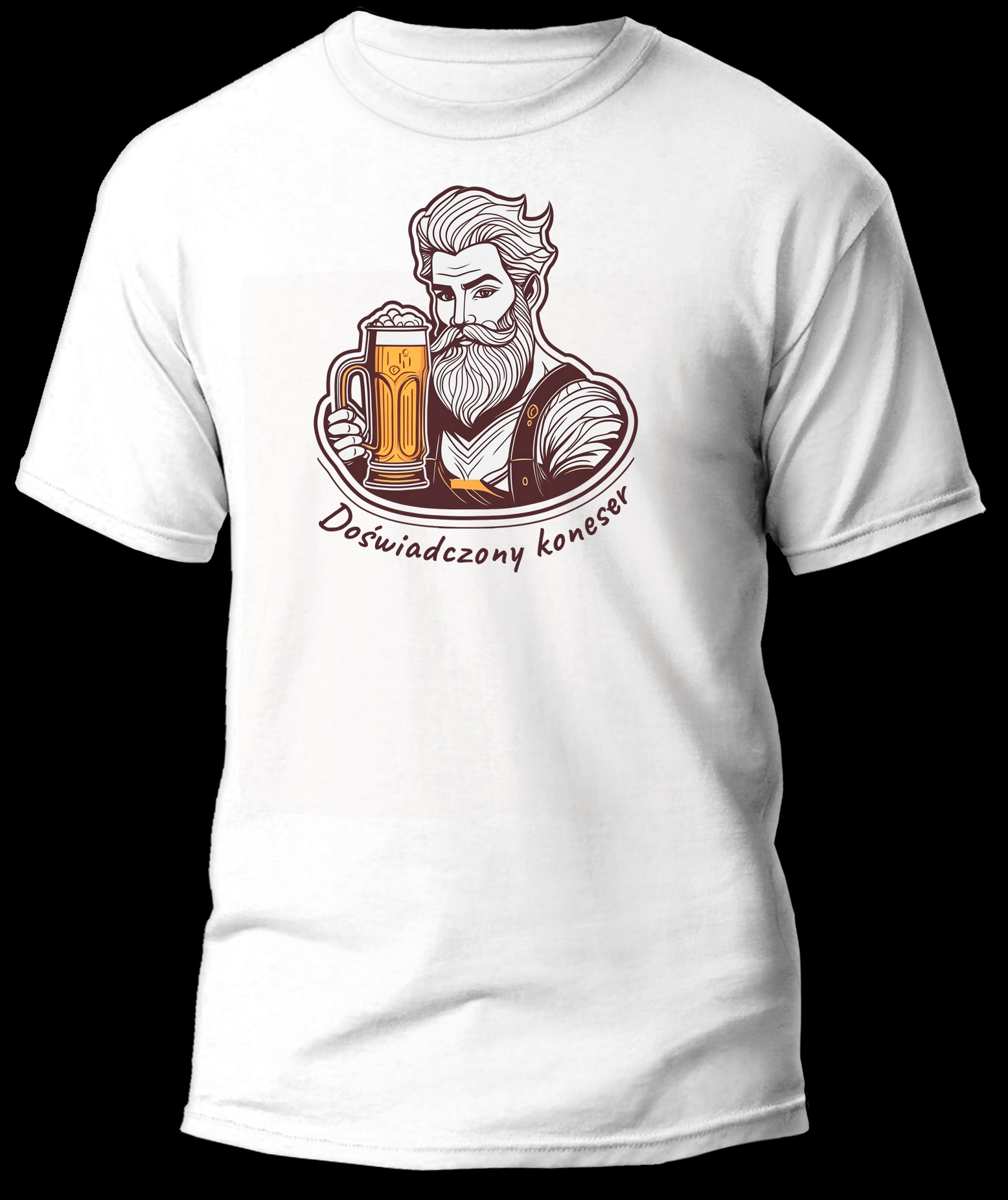 Biała koszulka z graficznym nadrukiem brodatego mężczyzny trzymającego kufel piwa i napisem 'Doświadczony koneser'.