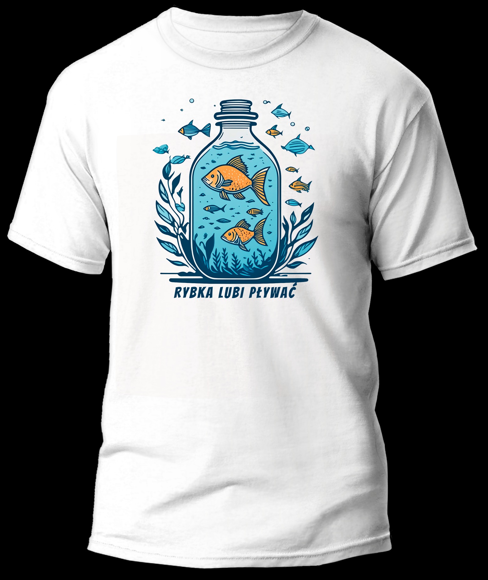 Biała koszulka z graficznym nadrukiem przedstawiającym rybki w słoiku i napisem 'RYBKA LUBI PŁYWAĆ'.