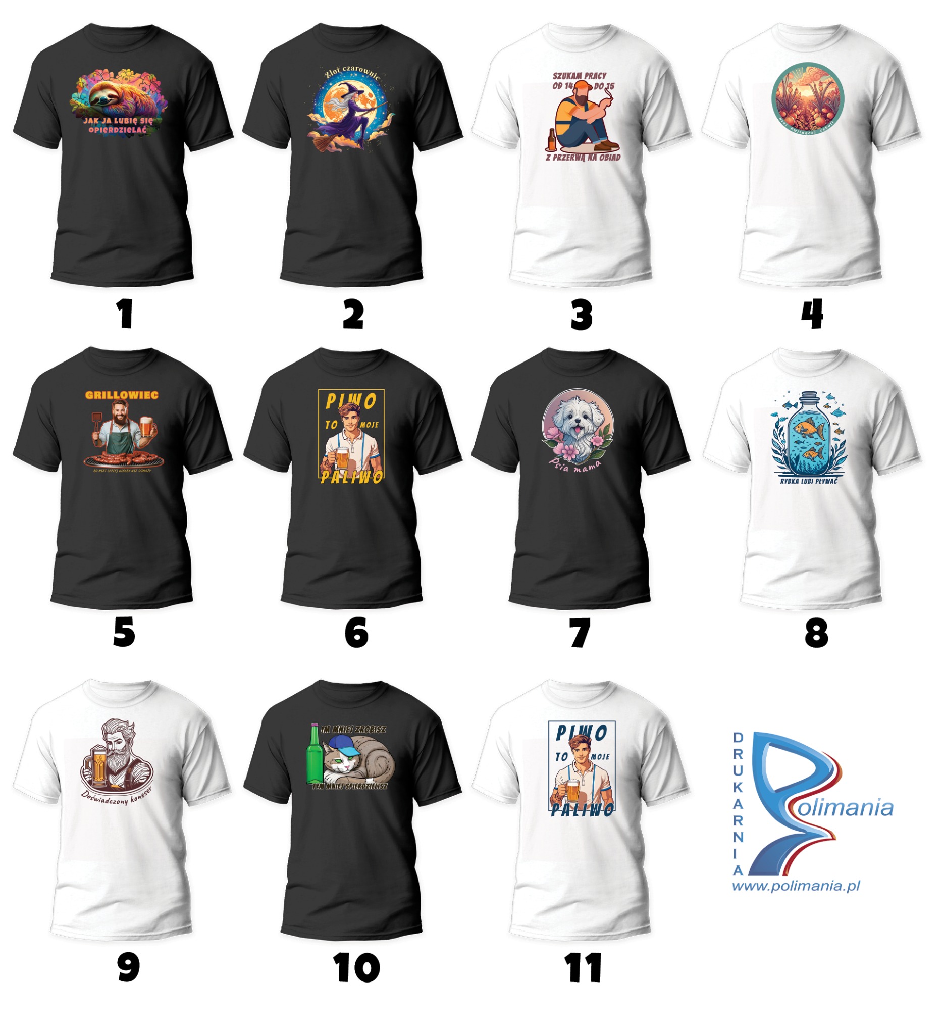 Kolekcja koszulek z różnymi nadrukami, w tym leniwiec, czarownica, grillowicz, hasła o piwie i inne grafiki.