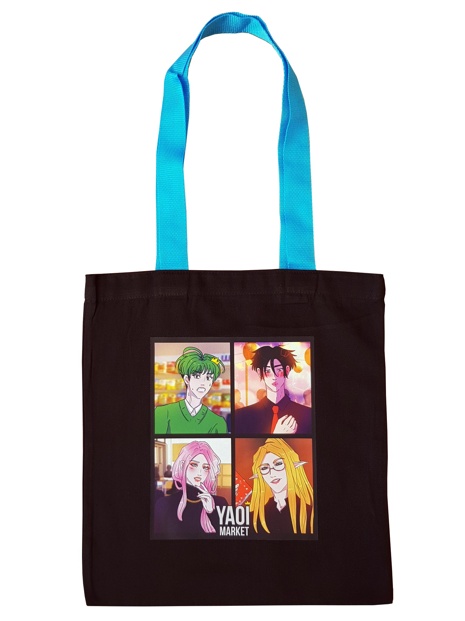 Czarna torba bawełniana z niebieskimi uchwytami, na której znajduje się nadruk z czterema portretami postaci w stylu anime i napisem 'YAOI MARKET'.