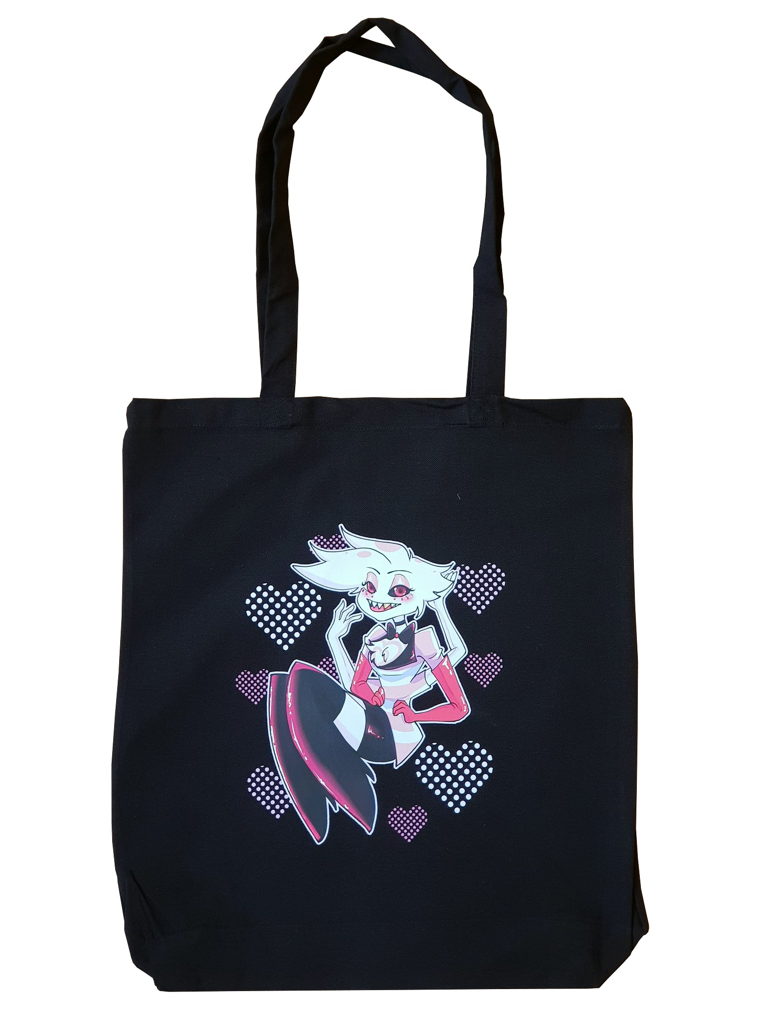 Czarna torba bawełniana z nadrukiem postaci z kreskówki i motywem serc, widok z przodu na białym tle.