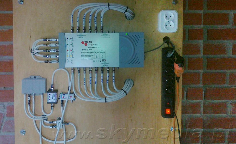 Rozdzielacz antenowy Triax TMP 9x z podłączonymi kablami, zamontowany na drewnianej płycie przy ceglanej ścianie i gniazdku elektrycznym.