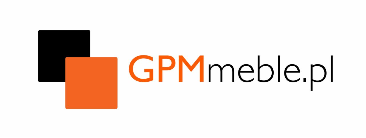 Logo firmy GPMmeble.pl z dwoma kwadratami w kolorach czarnym i pomarańczowym, umieszczone na białym tle. Minimalistyczny design.