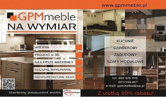 Kompozycja z aranżacjami: brązowa kuchnia z wyspą, jasna kuchnia i garderoba z szarą szafą. Reklama firmy GPMmeble z hasłem 'na wymiar' i danymi kontaktowymi.