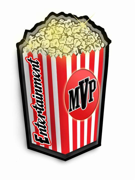 Grafika: pudełko popcornu z napisem 'Entertainment' i logo 'MVP', w czerwono-białe paski, z czarną obwódką. Stylizowane na ilustrację z połyskiem.