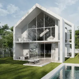 Wizualizacja nowoczesnego, dwukondygnacyjnego domu z białego betonu z dużymi przeszkleniami, tarasem i basenem na zadbanym trawniku w słoneczny dzień.