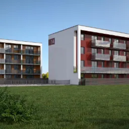 Wizualizacja dwóch budynków mieszkalnych z balkonami, jeden z numerem 14 i czerwoną elewacją, drugi z elewacją w kolorze drewna, otoczonych trawnikiem i niskim ogrodzeniem.