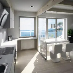 Nowoczesna kuchnia z jadalnią, białe meble, szklana ściana działowa z motywem roślinnym, widok na jezioro przez okno, minimalistyczny design.