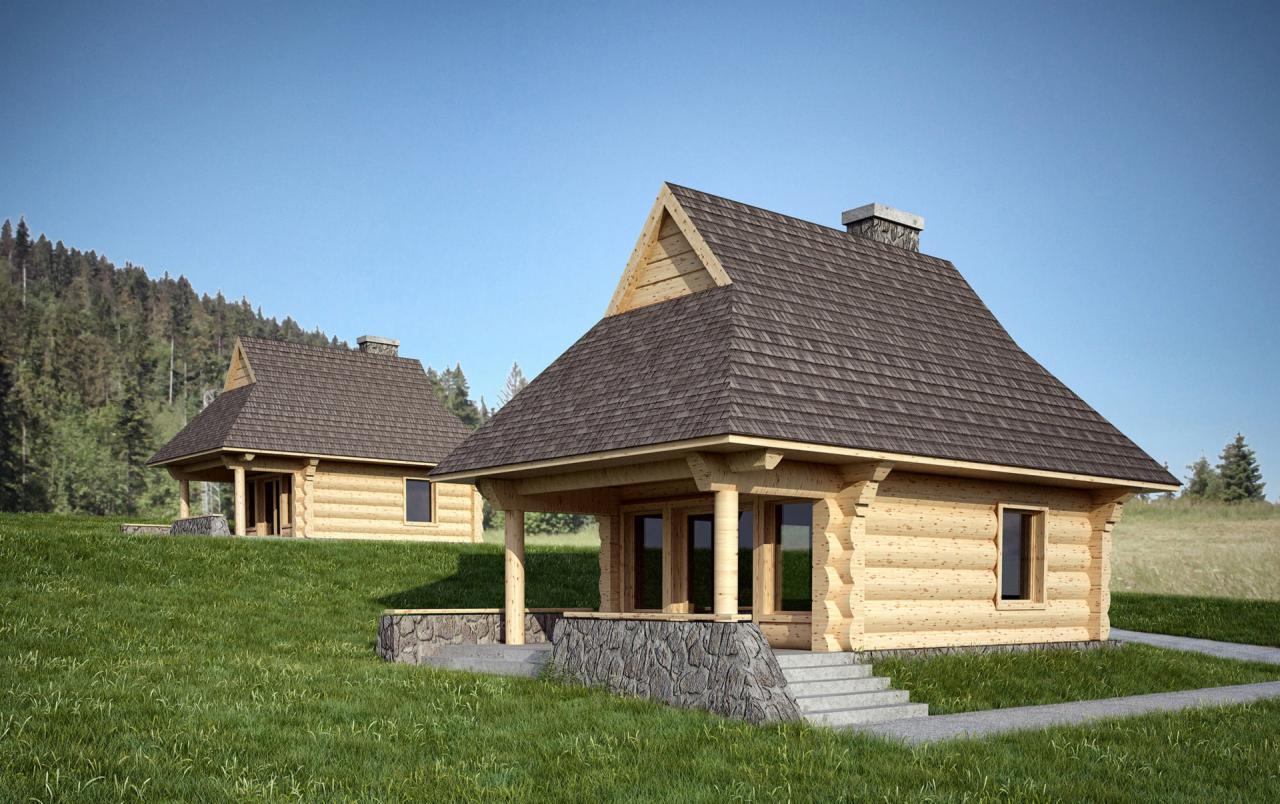 Wizualizacja dwóch parterowych domów z bali z ciemnymi, gontowymi dachami, kamiennymi podmurówkami i schodami, położonych na zielonym wzgórzu z lasem w tle.