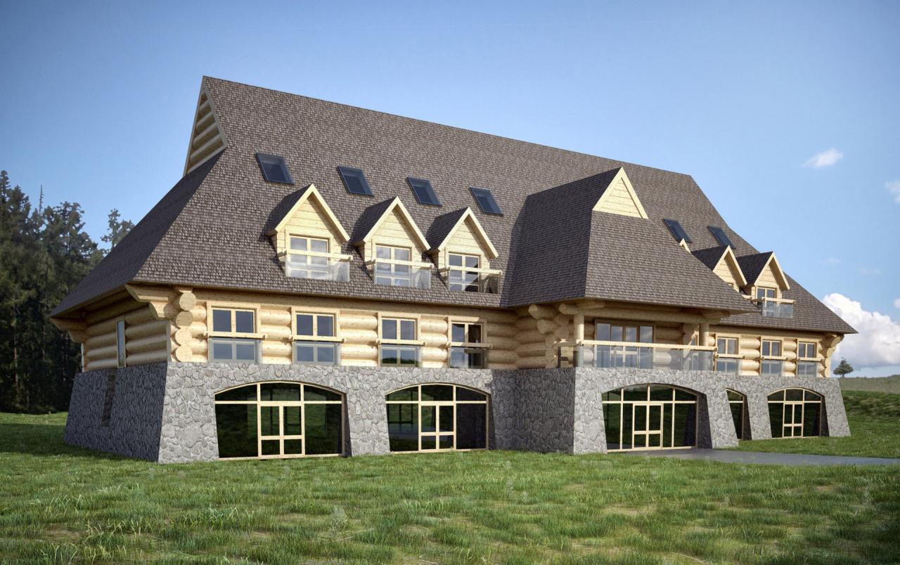 Wizualizacja dwukondygnacyjnego domu z bali na kamiennej podmurówce, z licznymi oknami i lukarnami, krytego gontem bitumicznym.