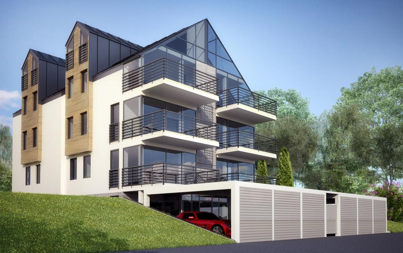 Wizualizacja nowoczesnego budynku mieszkalnego z przeszklonym szczytem, balkonami z czarnymi balustradami, elewacją w kolorze białym i drewnianą, oraz czerwonym samochodem zaparkowanym w garażu.