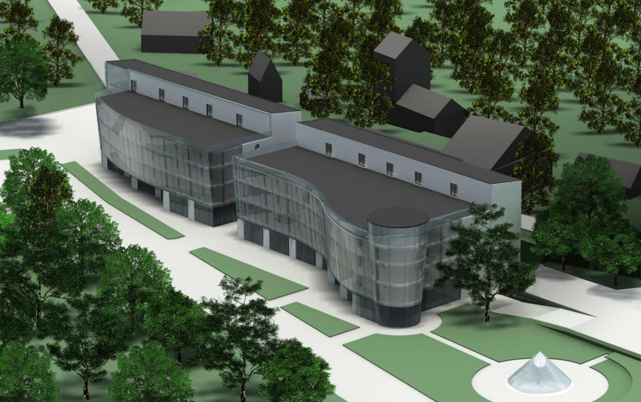 Wizualizacja 3D nowoczesnego budynku usługowego z zakrzywioną szklaną fasadą, otoczonego zielenią i elementami małej architektury, z widocznymi detalami elewacji i otoczenia.