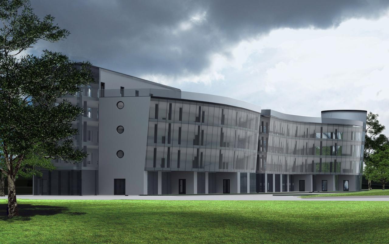 Wizualizacja budynku biurowego z zakrzywioną szklaną fasadą, widoczna z perspektywy trawnika w pochmurny dzień.