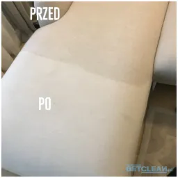 Jasna sofa z widocznym efektem czyszczenia: lewa strona z napisem 'PRZED' jest wyraźnie zabrudzona, prawa strona z napisem 'PO' jest czysta.