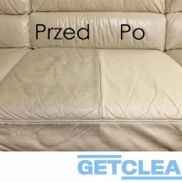 Kremowa skórzana sofa podzielona na dwie części: brudna, z widocznymi plamami po lewej stronie z napisem 'Przed', i czysta, odświeżona po prawej stronie z napisem 'Po'.