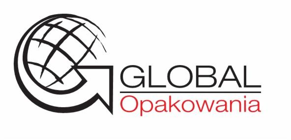 Logo firmy Global Opakowania z grafiką kuli ziemskiej i strzałką, nazwa firmy w kolorze czarnym i czerwonym.