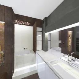 Wizualizacja łazienki z wanną, umywalką i grzejnikiem drabinkowym. Na ścianie dekoracja inspirowana obrazem 'Pocałunek' Gustava Klimta. Nowoczesny design.