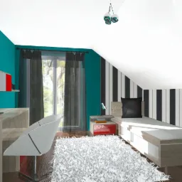 Wnętrze pokoju na poddaszu: biurko z laptopem, krzesło, łóżko z tapetą w pasy, okno z zasłonami i puszysty dywan. Kolorystyka: turkus, biel, szarość, czerwień.