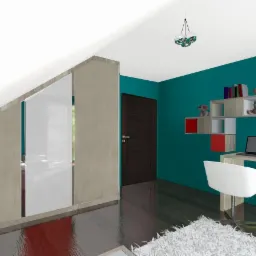 Wizualizacja pokoju dziecięcego na poddaszu z szafą wnękową, biurkiem i regałami na ścianie w kolorze morskim. Elementy czerwieni w meblach. Nowoczesne oświetlenie.